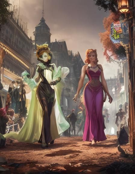 An anthropomorphic fox Diane Foxington with green emerlad eyes in a prom pink gown without a tank and with her arms unco...