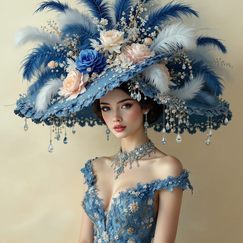 Extravagant hat with delicate feathers, flowers, and crystals