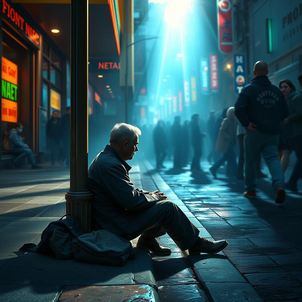 Dejected Man Receives Heavenly Light: Matte Painting
