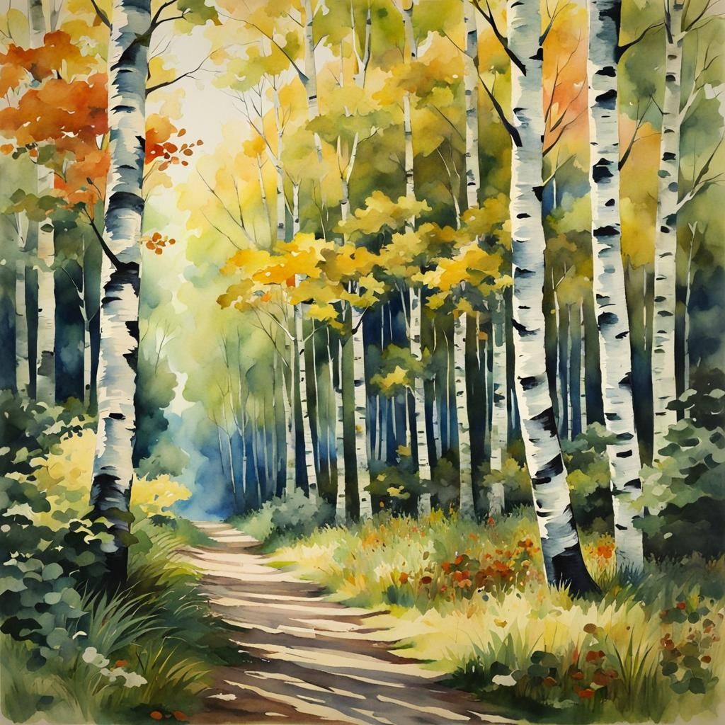 Anime Birch Forest in Watercolor Style