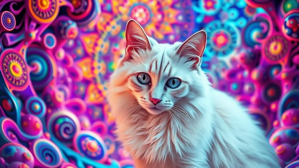 Birman cat sitting in a psychedelic fractal geometric chalk ...