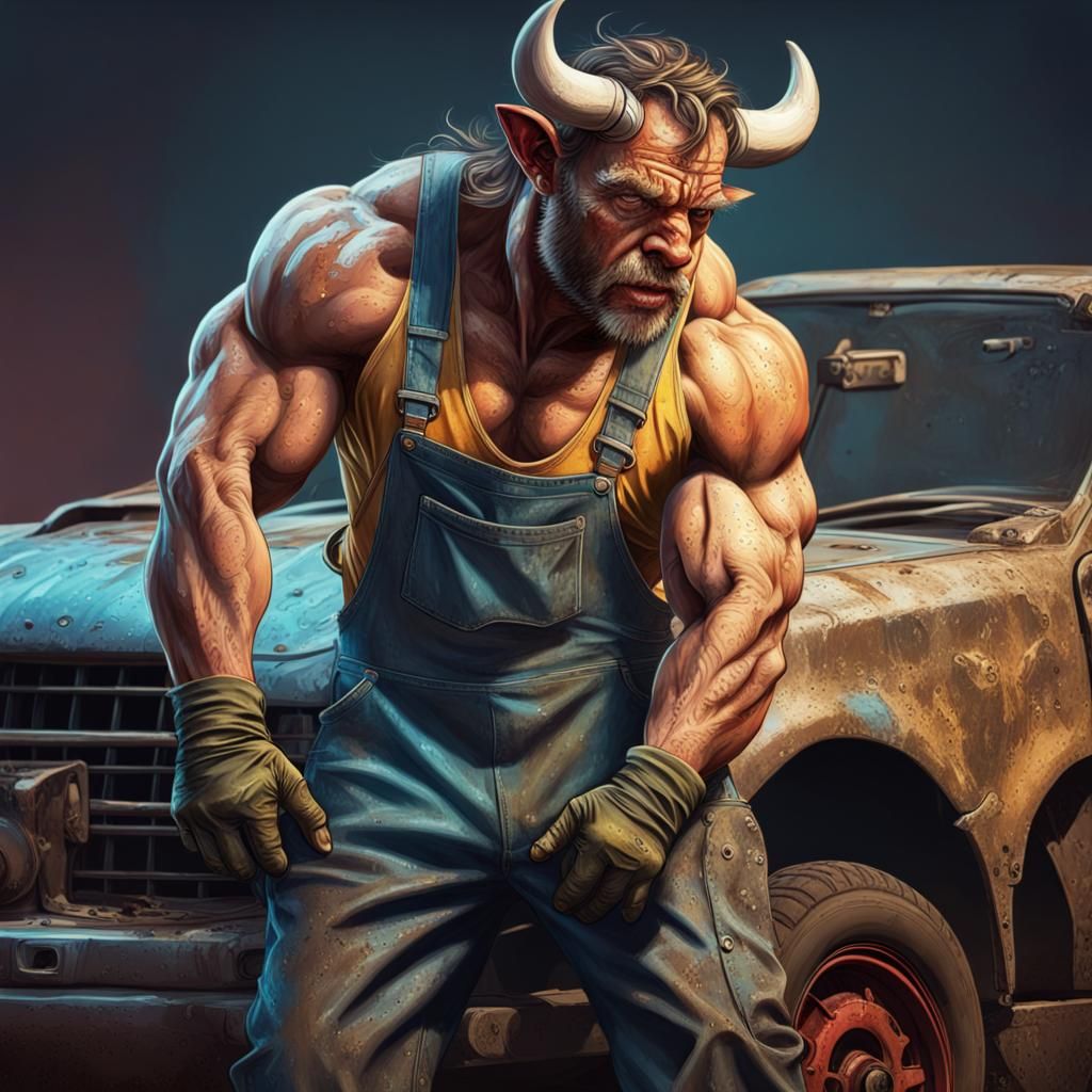 Minotaur Mechanic Working on Car in Detailed Art