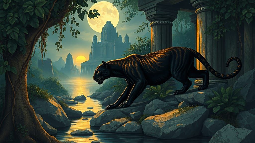 Molten Gold Jaguar in Ancient Temple by Binary Sunset