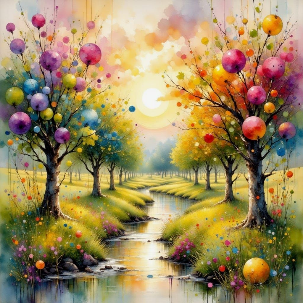 Lush Orchard by River in Pastel Watercolor