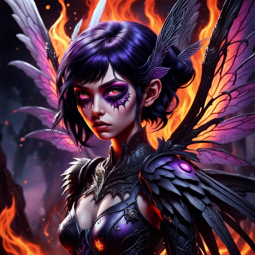 Horror Fairy with Black Wings in Hellscape