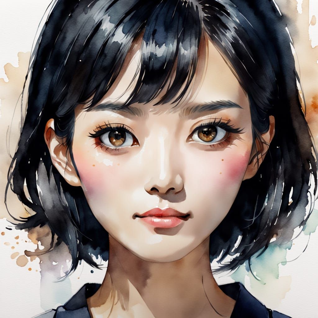Minimalistic Watercolor Portrait of Japanese Waitress