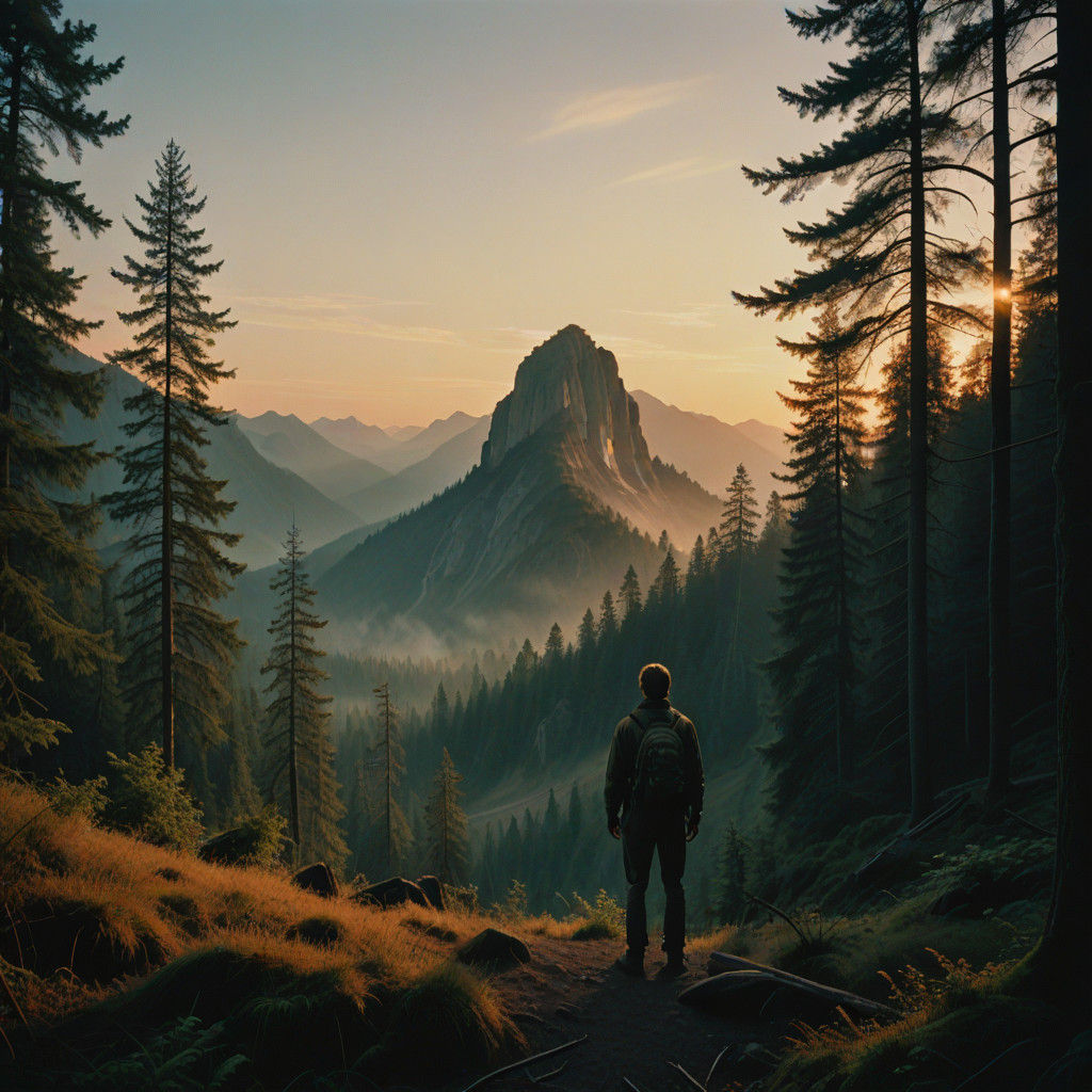 Majestic Figure Amidst Fading Sunset in Towering Forest