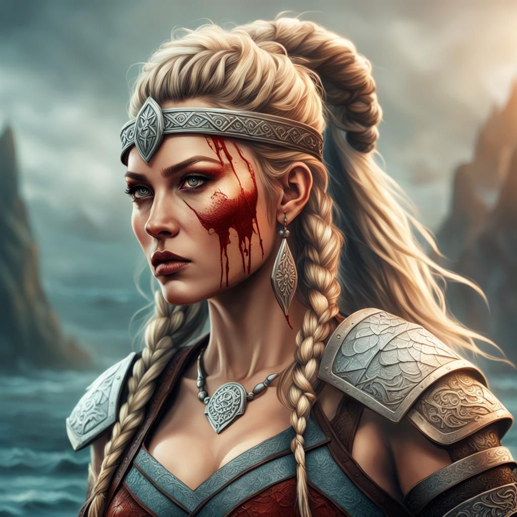 Viking Woman in Leather Armor: Hyperrealistic Splash Art