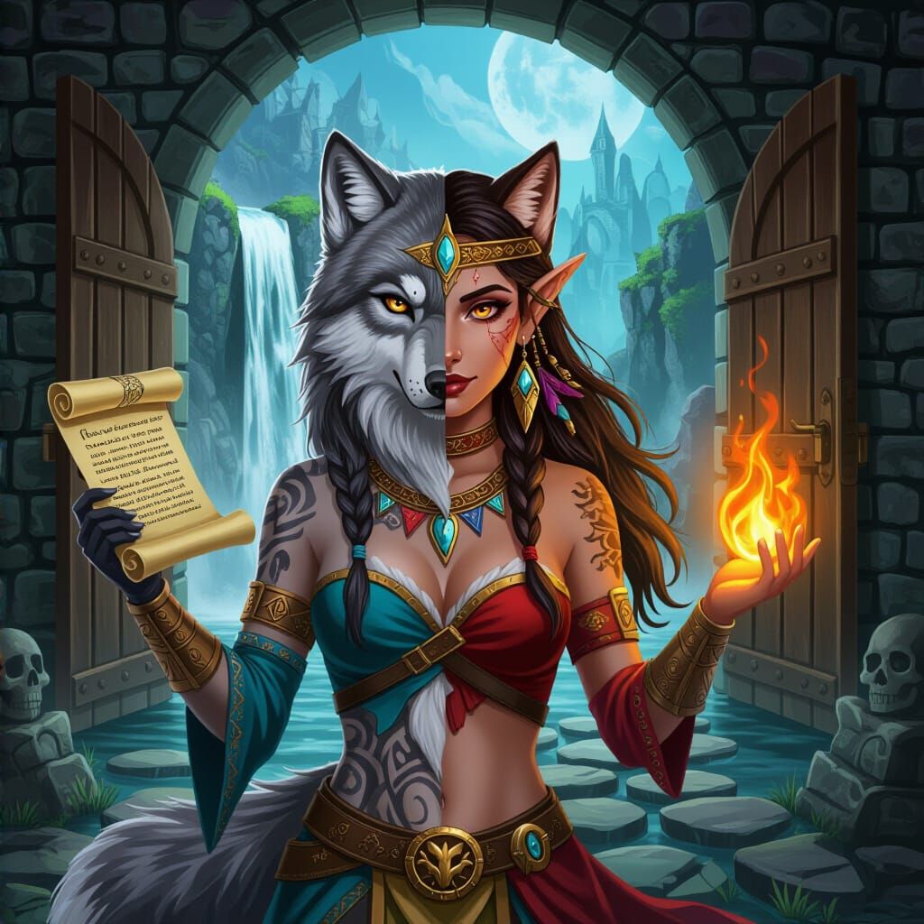 Female Wolf-Goddess Warrior Hybrid with Magical Land Backgro...
