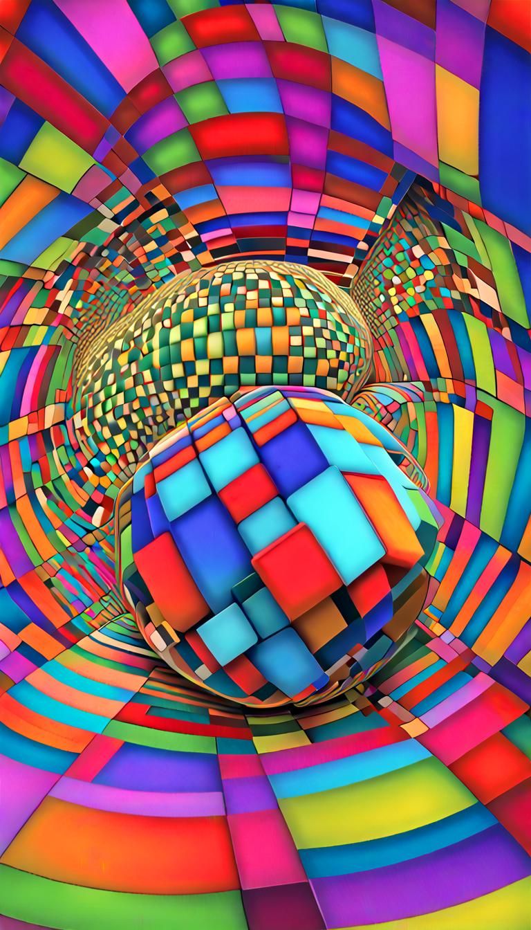 Fractal Sphere Encasing Cube in Neon Colors