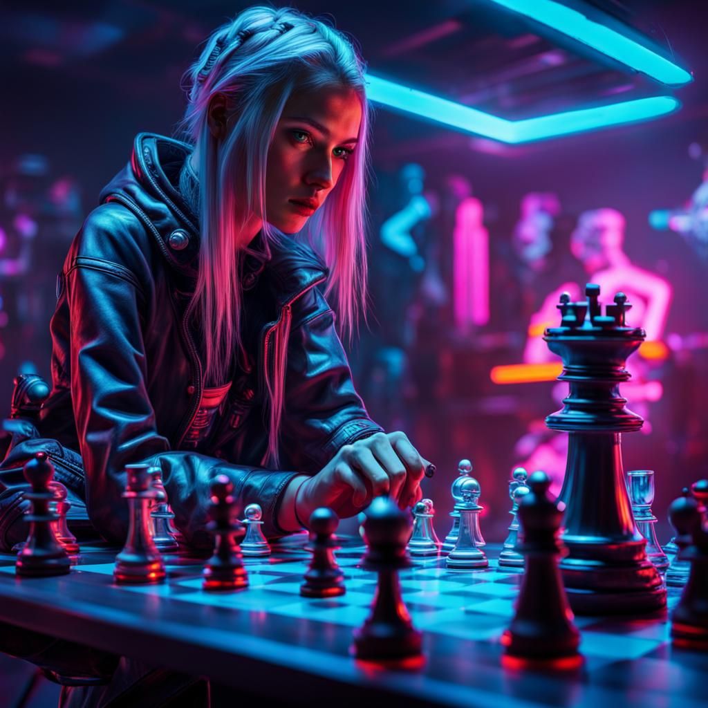 Cyberpunk Chess Game in Neon Light