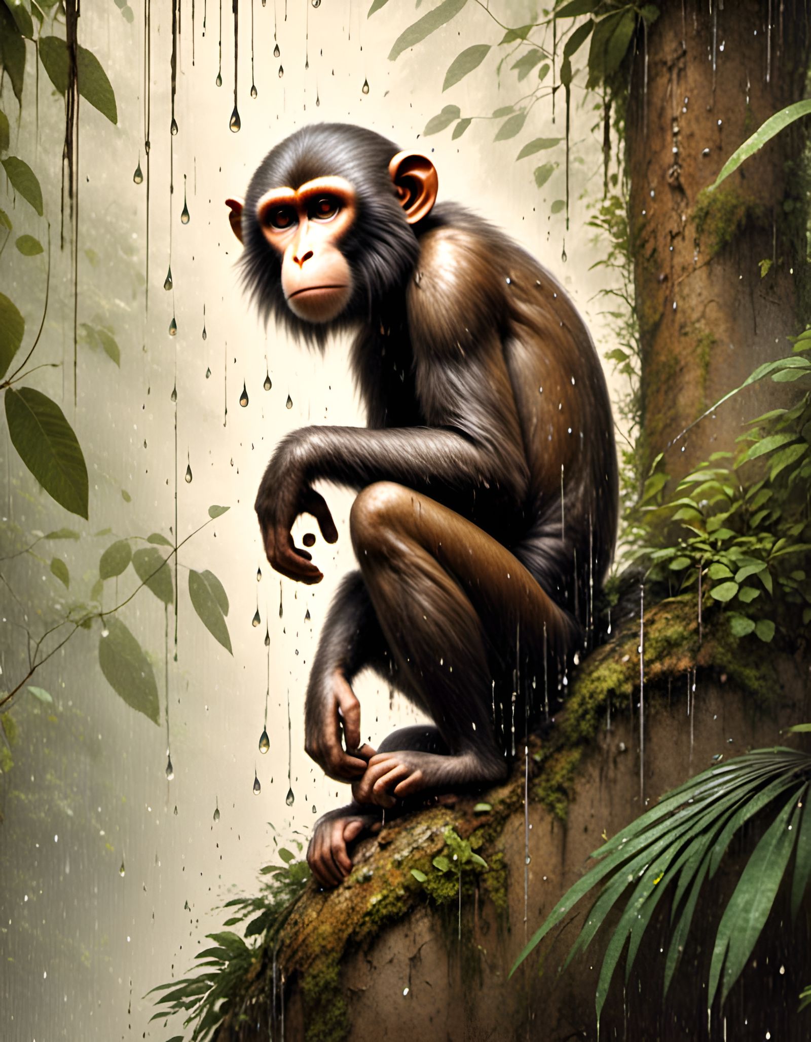 Monkey Caricature in Jungle, Modern Sketch Style