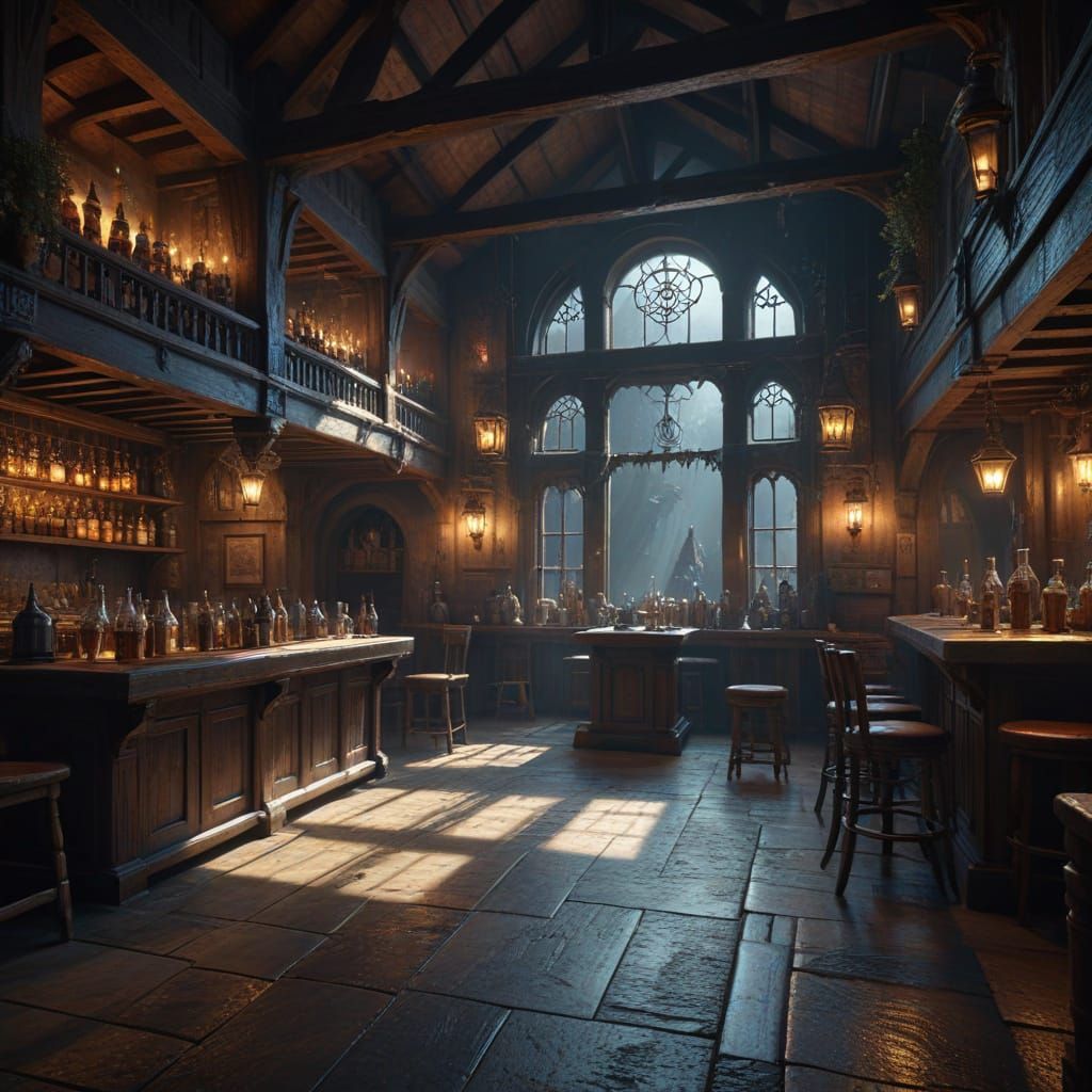 Bustling Medieval Tavern Interior in Dramatic Matte Painting...