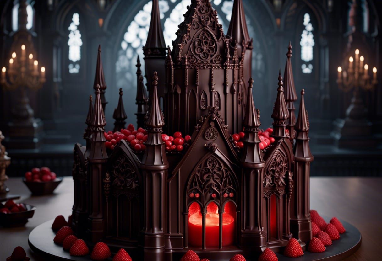 Gothic Chocolate Cathedral Cake: Dark Fantasy Art