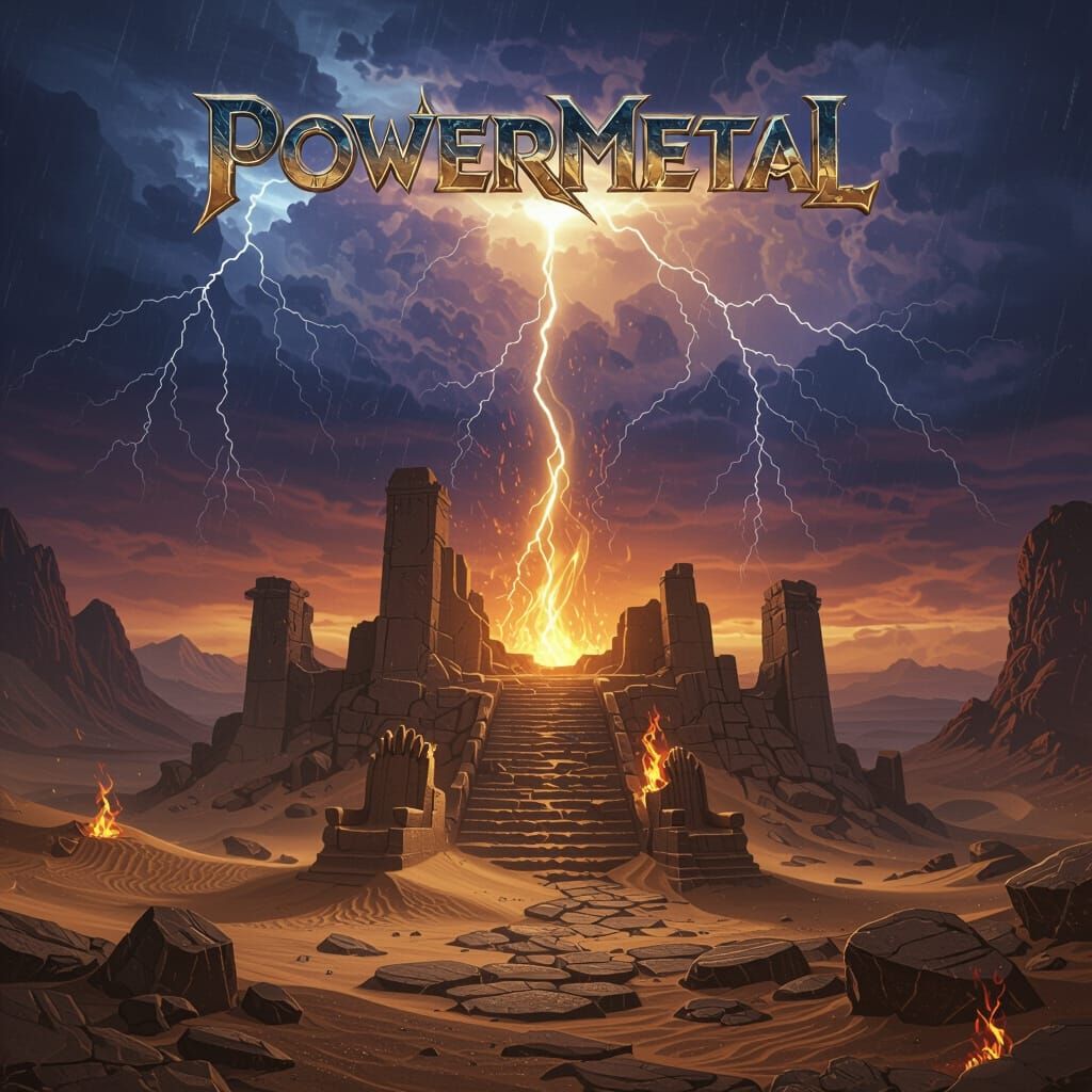 Epic Power Metal Album Cover: Fiery Ruins Under Stormy Sky