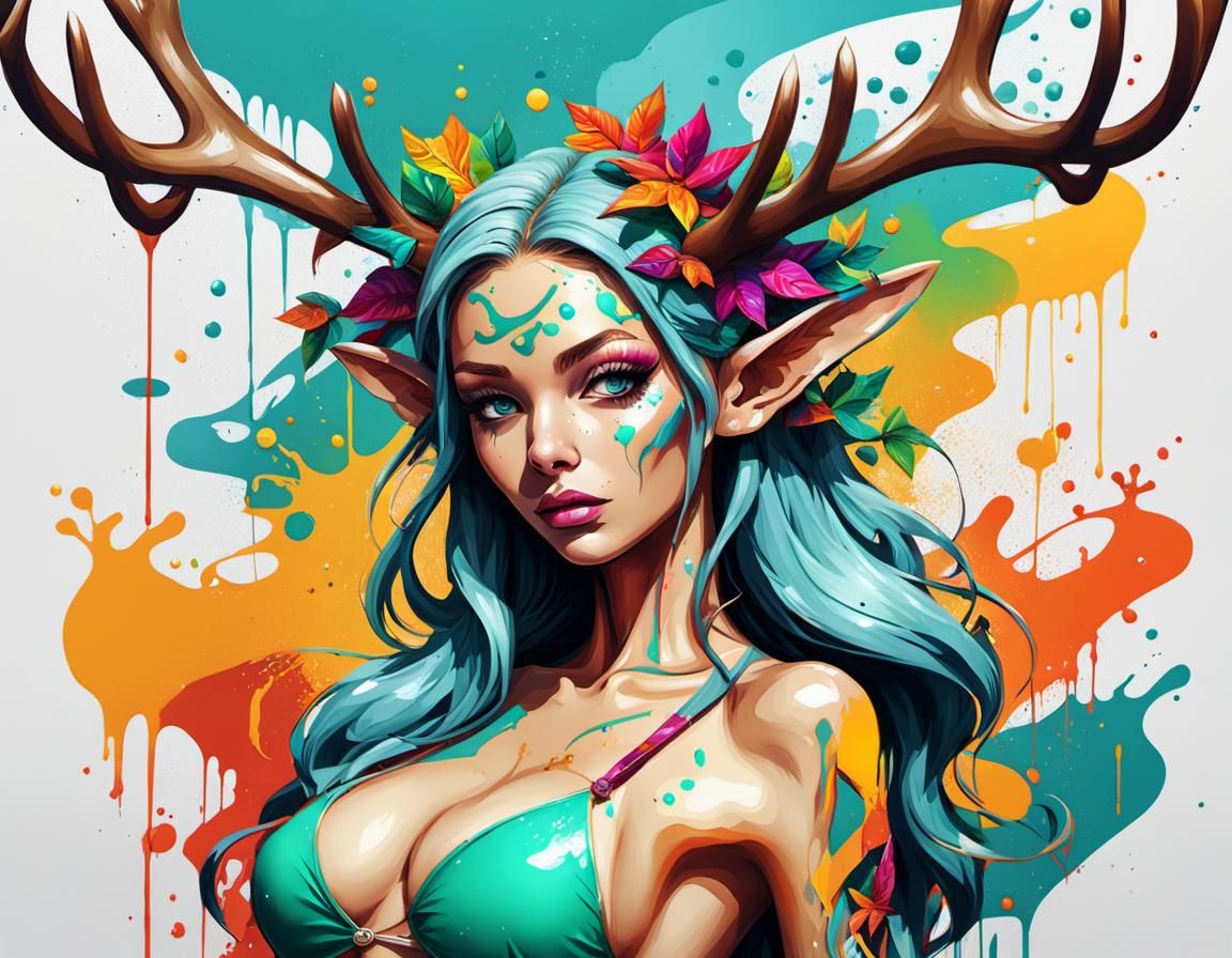 Elf Girl Reindeer Graffiti Art in Spray Paint Style