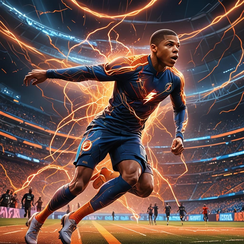 Mbappe and Flash Fusion: Neon Stadium Concept Art