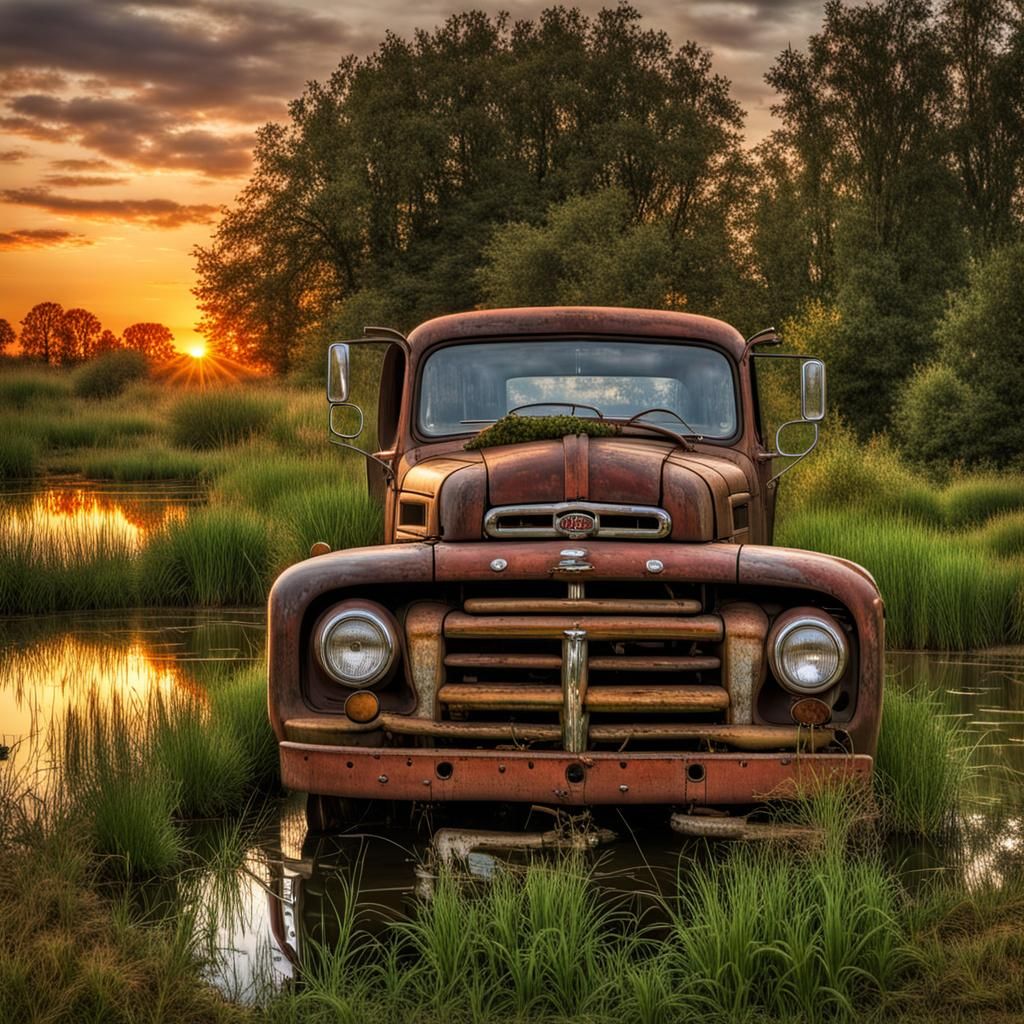 Overgrown Ford Truck Sunset Reflection: Hyperdetailed HDR