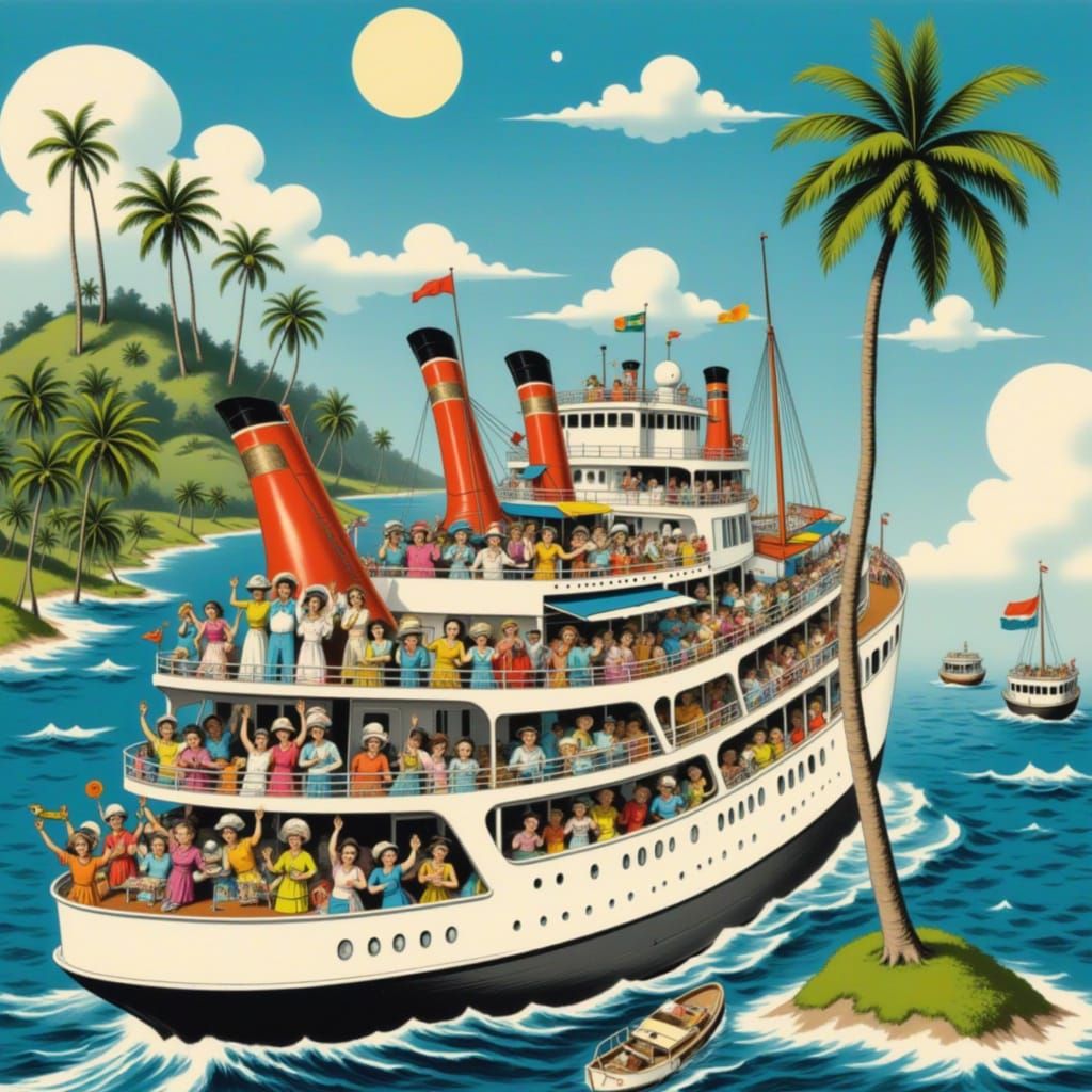 Tropical Cruise Ship in Vibrant Pop Surrealism Style