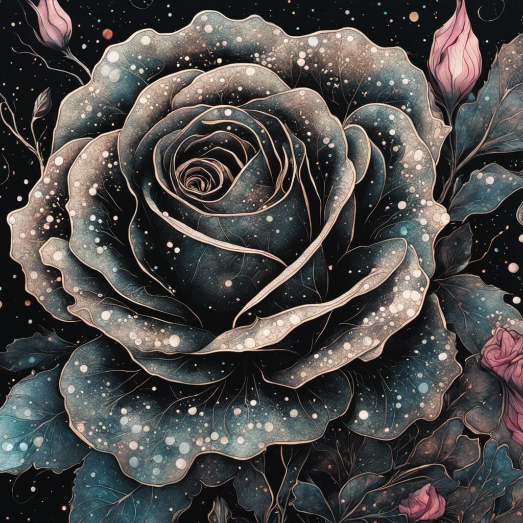 Bioluminescent Black Rose with Brocade Petals, Detailed Digi...