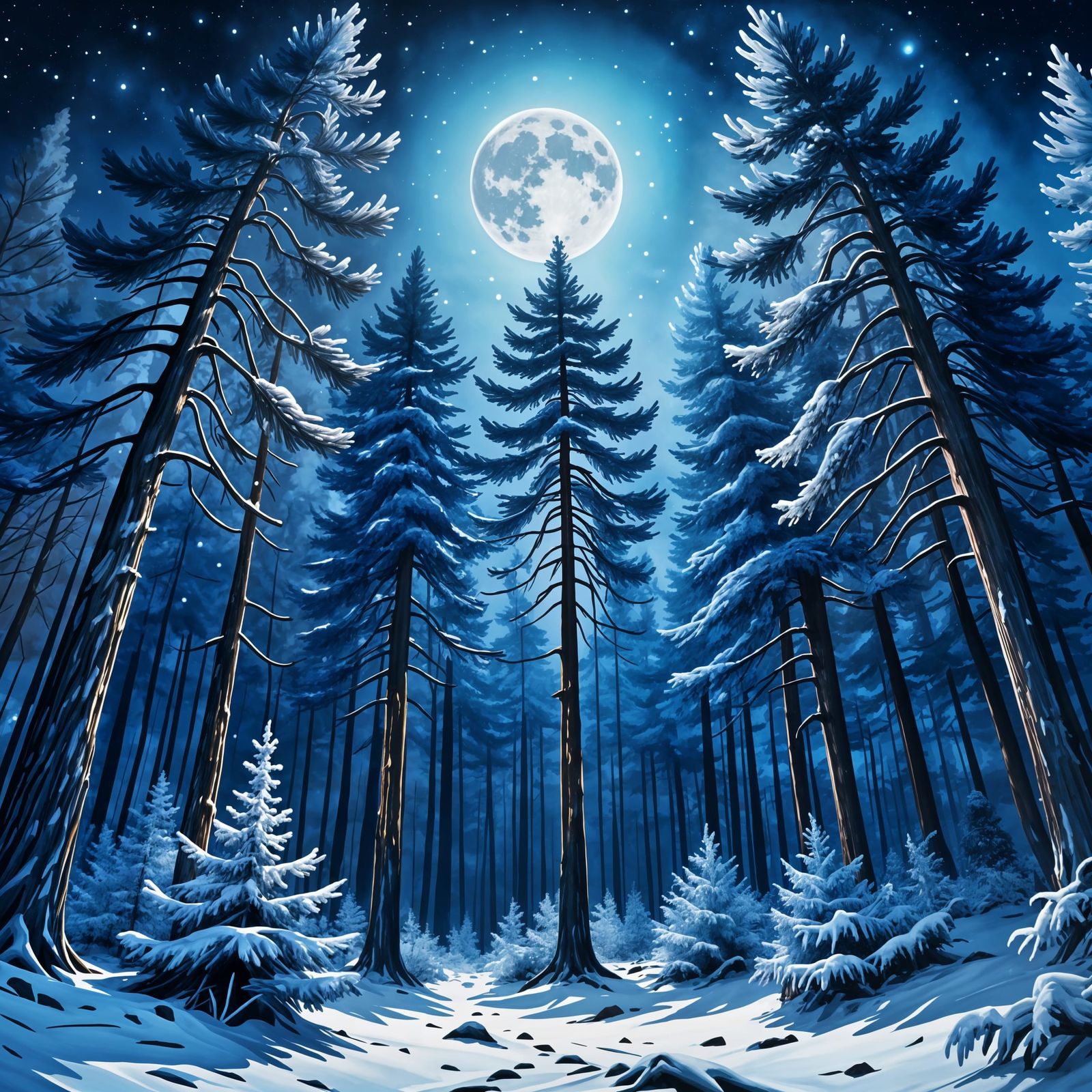 Moonlit Indigo Winter Forest Scene