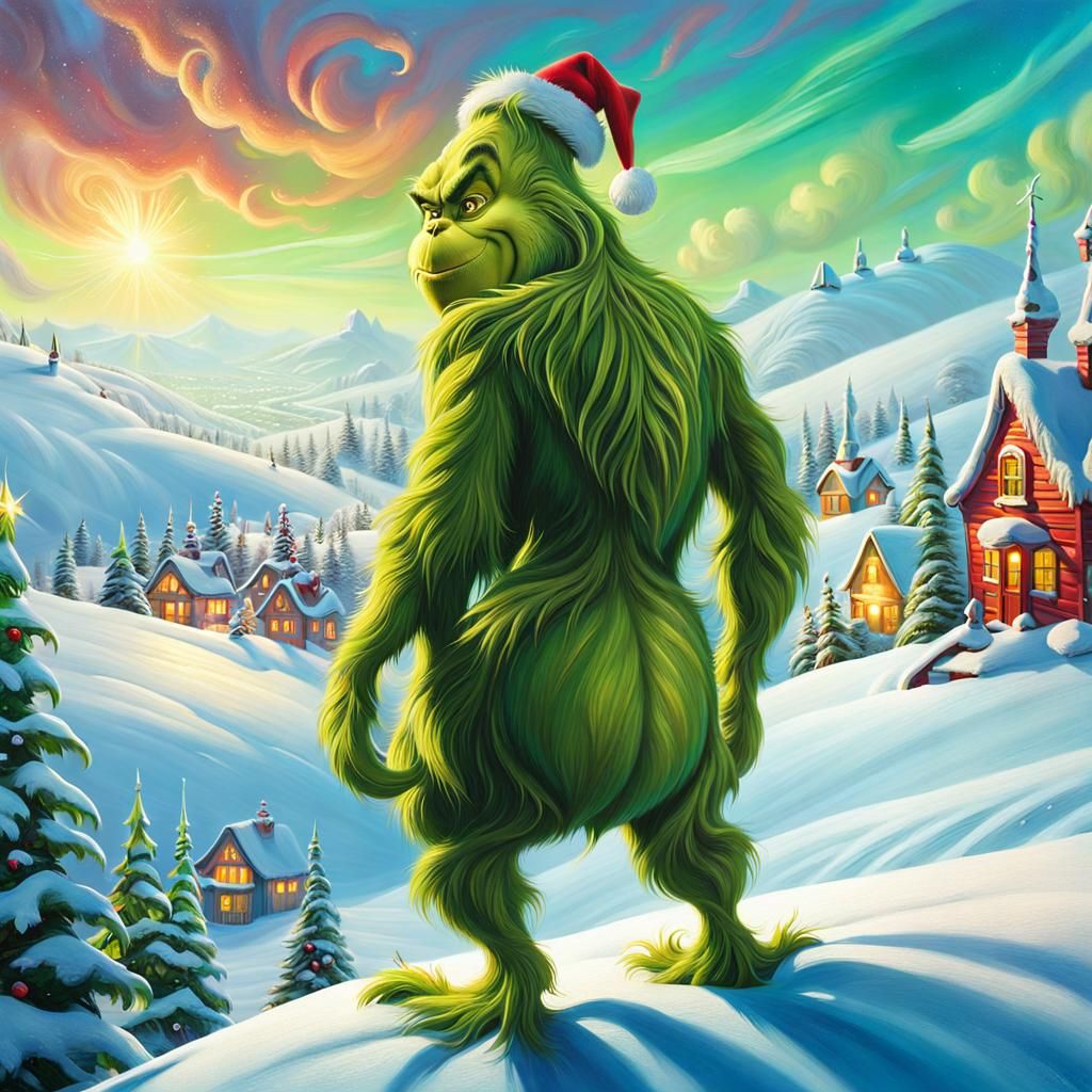 Grinch Contemplates Whoville from Snowy Heights in Vibrant O...