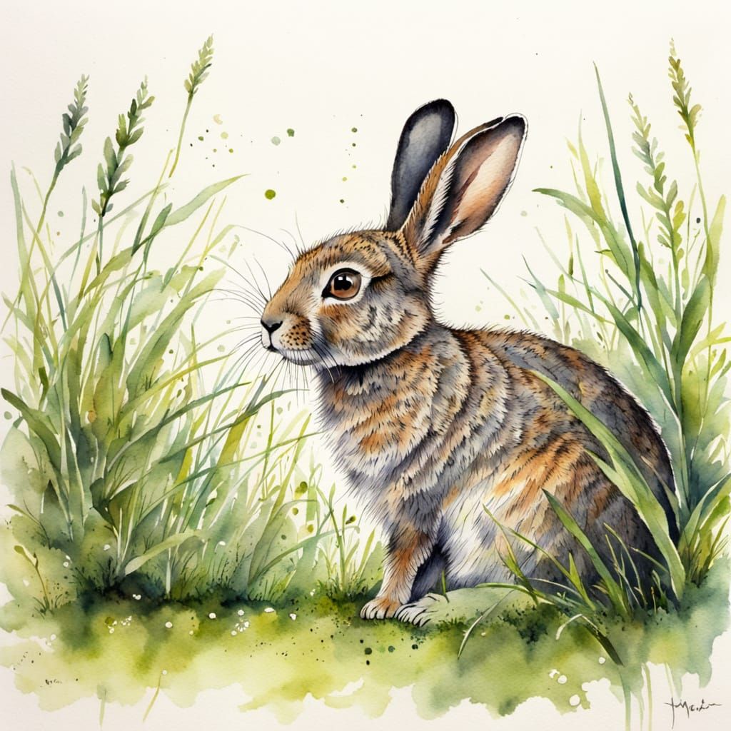 Leveret in Grass: Watercolour Drawing