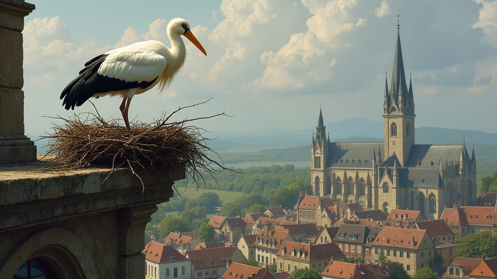 Majestic White Stork on Gothic Church Tower, Nest Amidst Qua...
