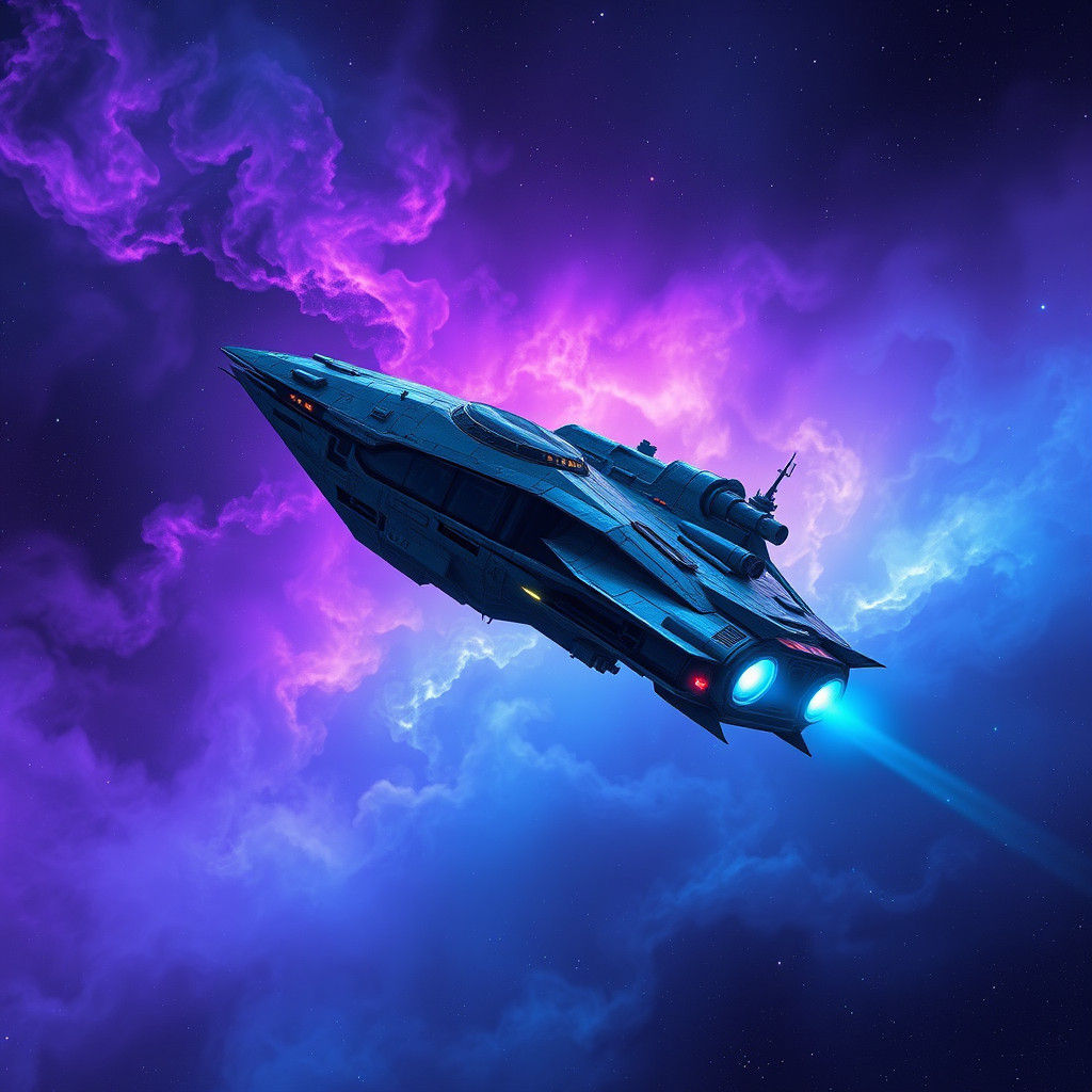 Spaceship Drifting Through Nebula in Biomechanical Style