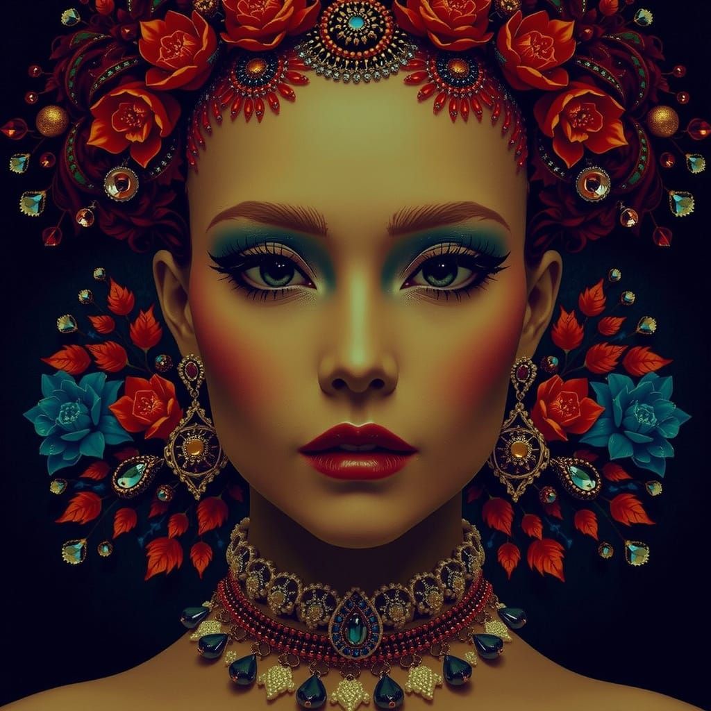 Ornate Beaded Waterfall Artwork with Gold and Silver Detail