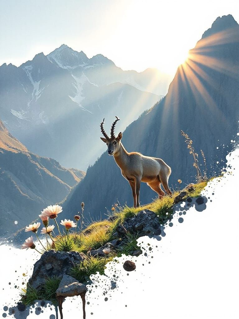 Mountain Ibex in Pastel Watercolour with Ink Splashes