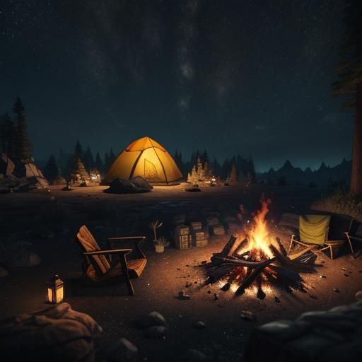 Campfire and Tent at Night in 3D Style