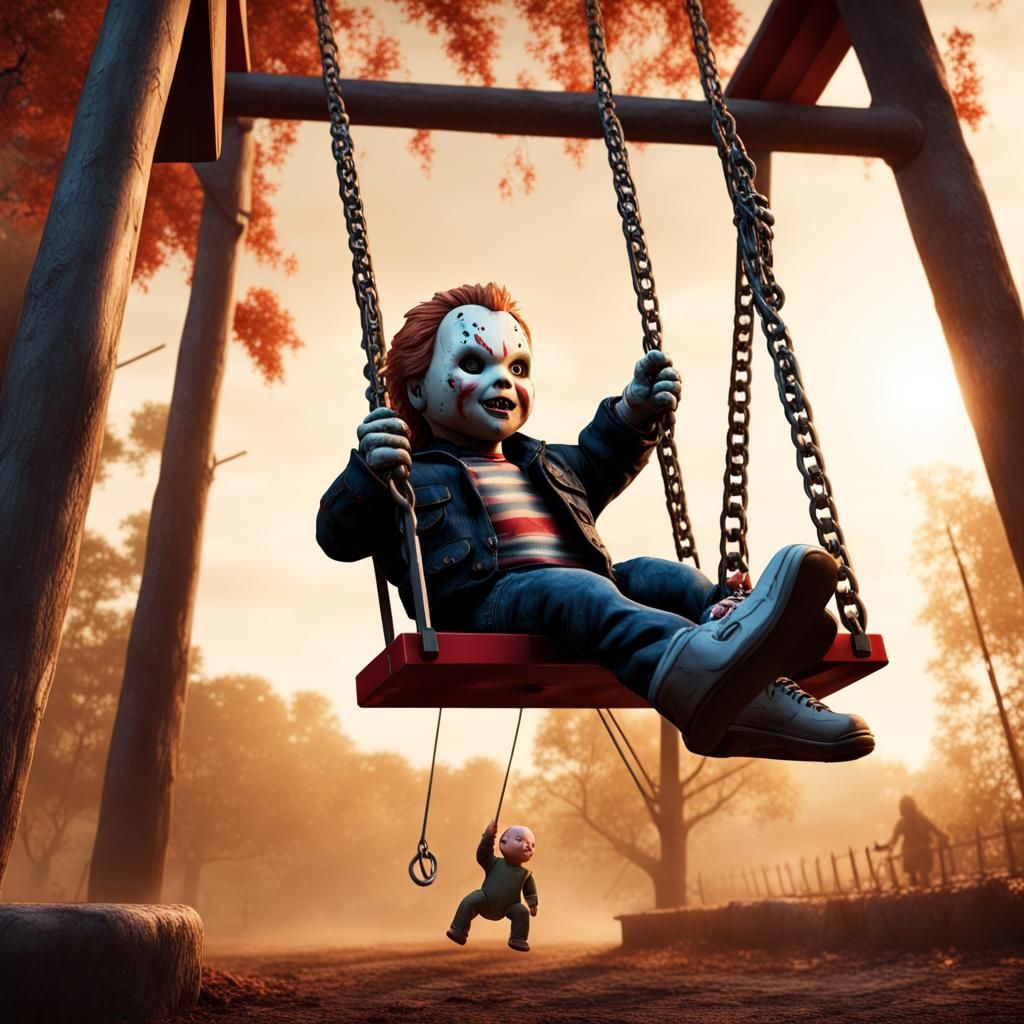 Jason Voorhees Pushing Chucky Doll, Detailed Matte Painting