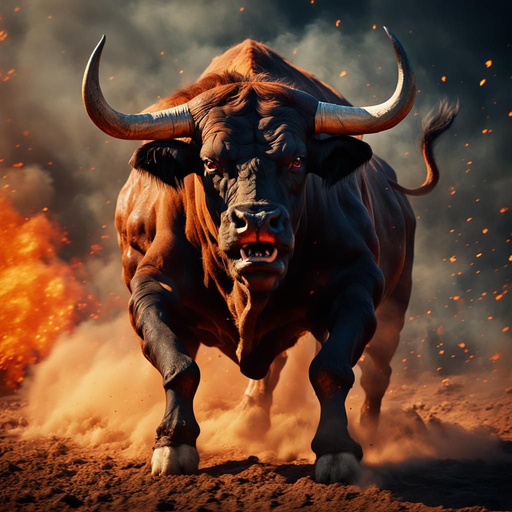 Furious Bull in Fiery Arena: Cinematic Still