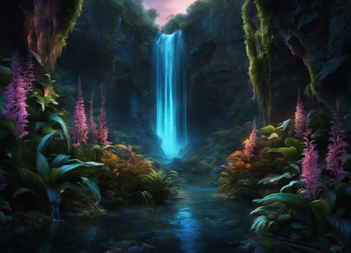 Ethereal Bioluminescent Waterfall Fantasy Concept Art