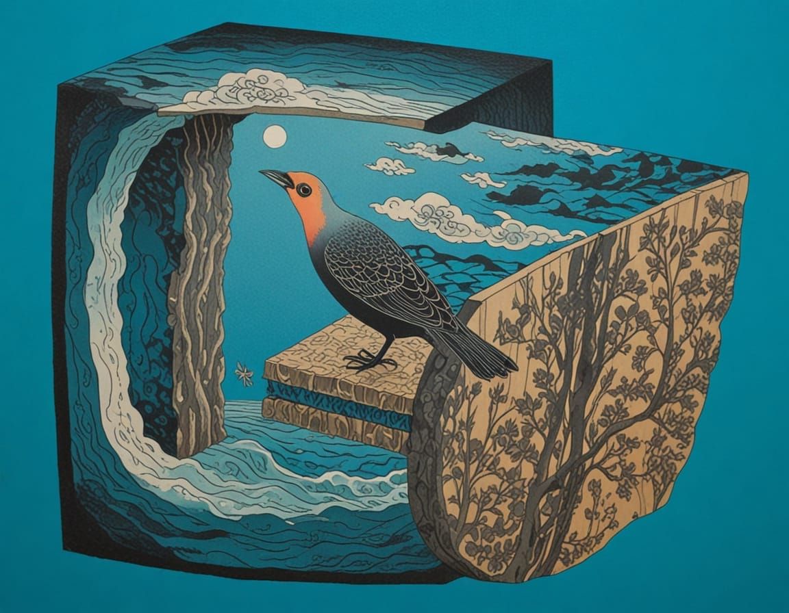 Surreal Bird Sculpture in Ukiyo-e Style