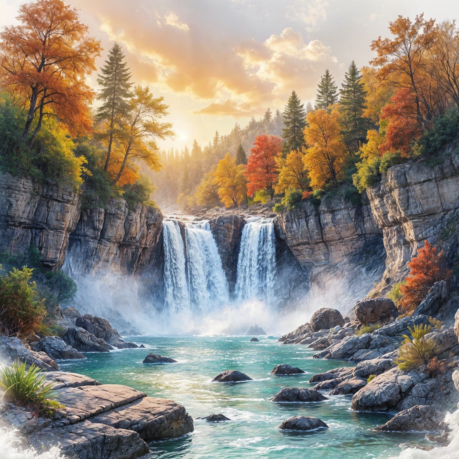 Majestic Autumn Waterfall with Ethereal Glow