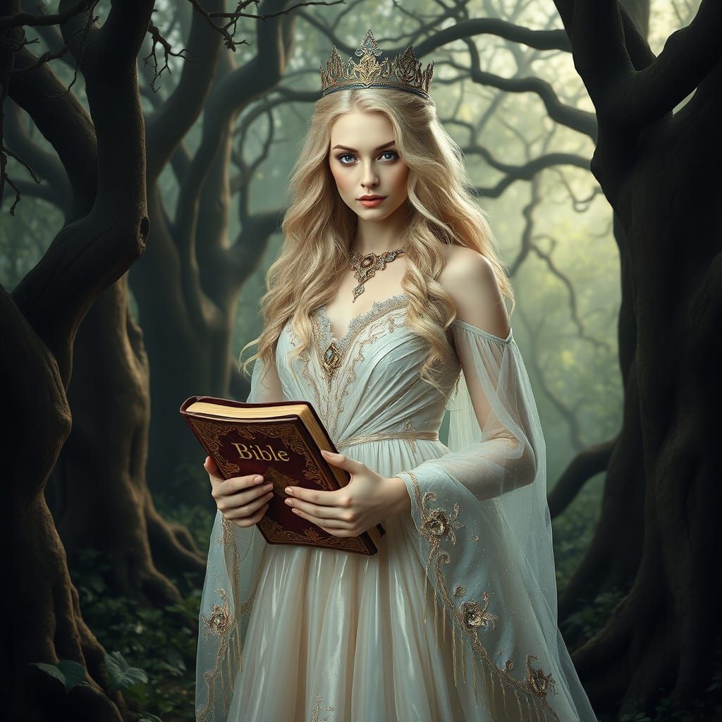 Ethereal Queen in Mystical Glade Reading Bible