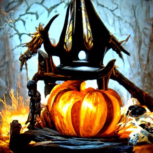 Pumpkin King on Haystack Throne as Oil Painting