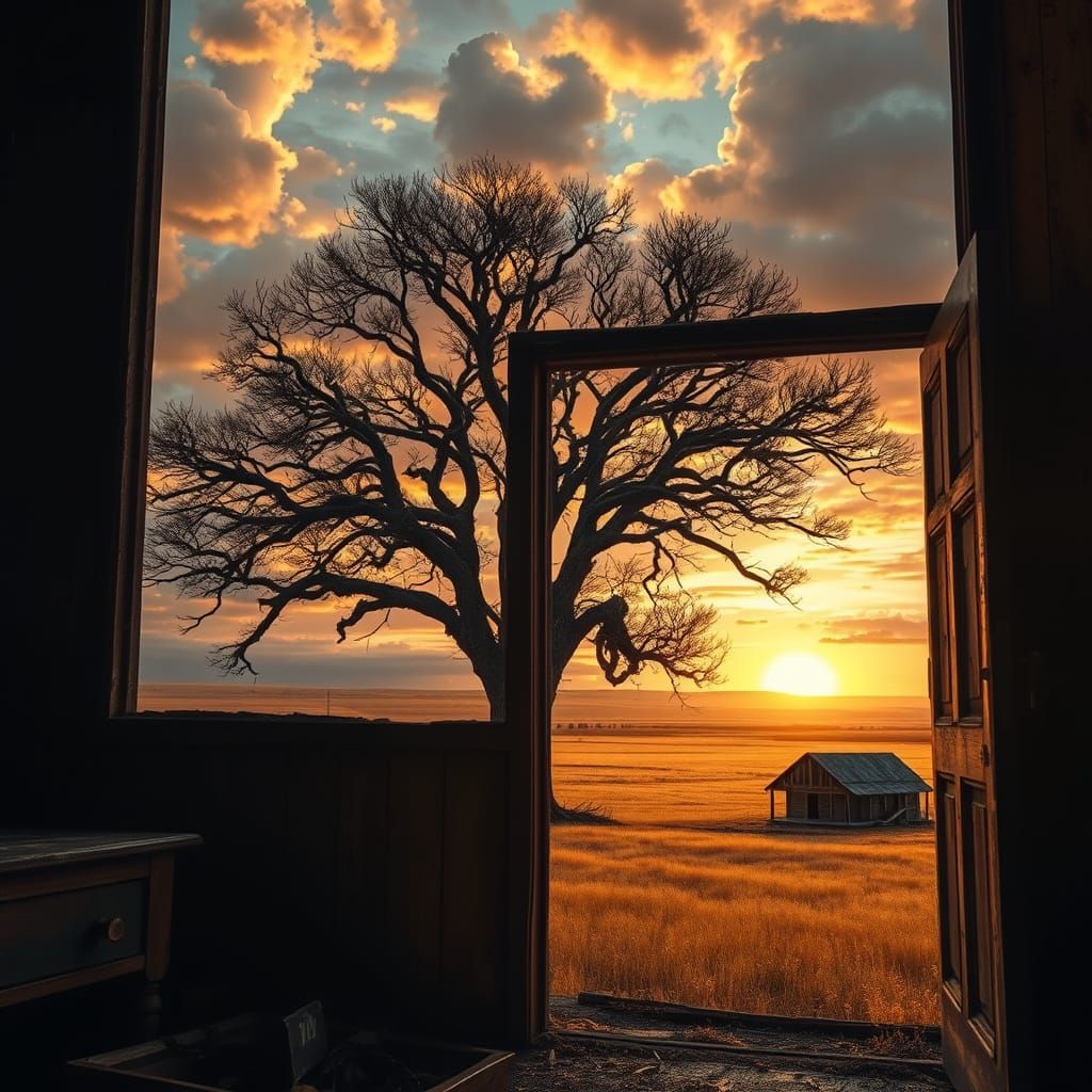 Prairie Sunset Over Abandoned Building and Lone Tree