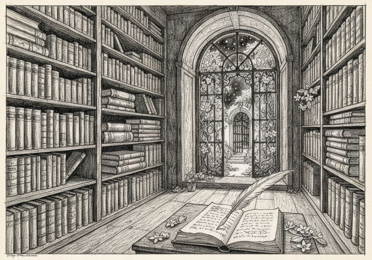 Cozy Library Nook Pencil Sketch with Secret Garden