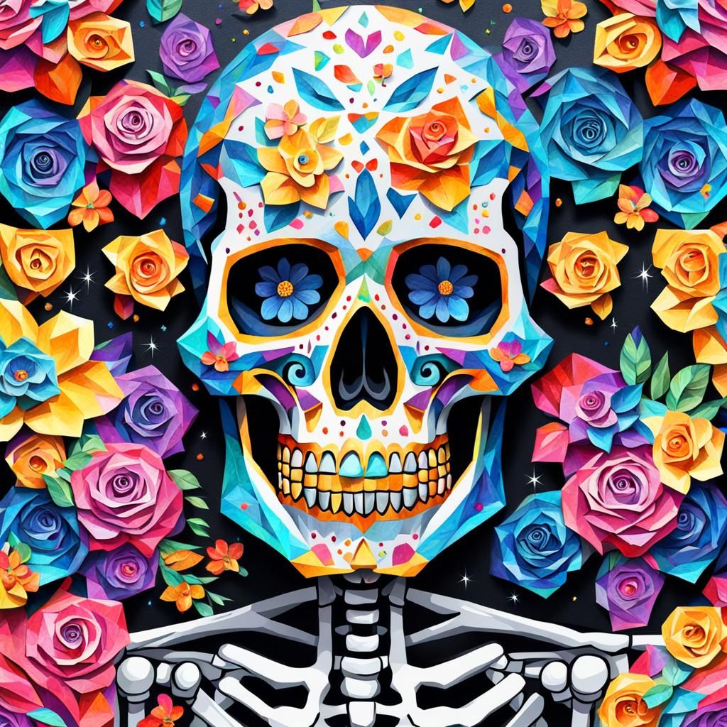 Iridescent Sugar Skull Skeleton with Roses as Impasto Painti...