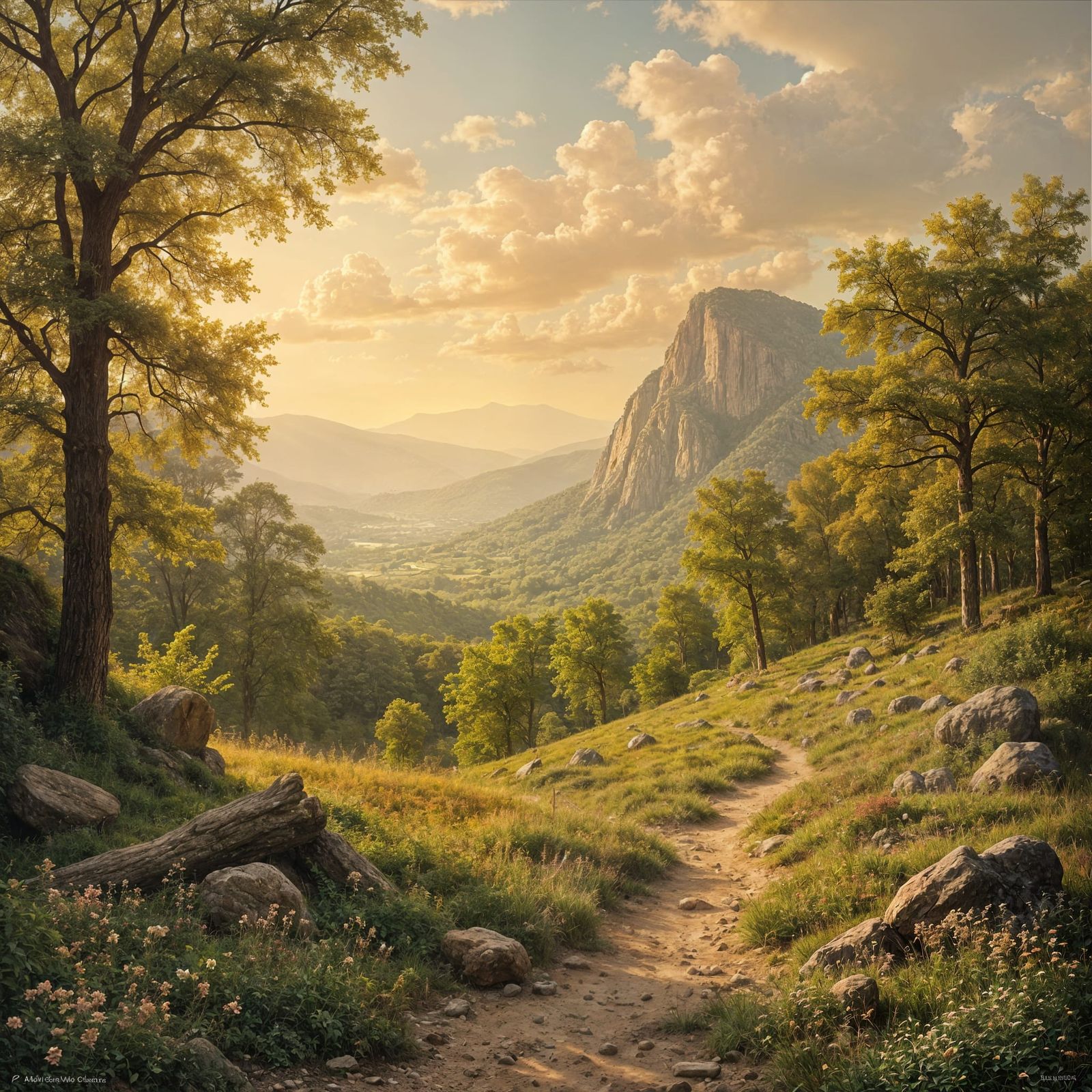 Lush Golden Eastern Landscape Painting