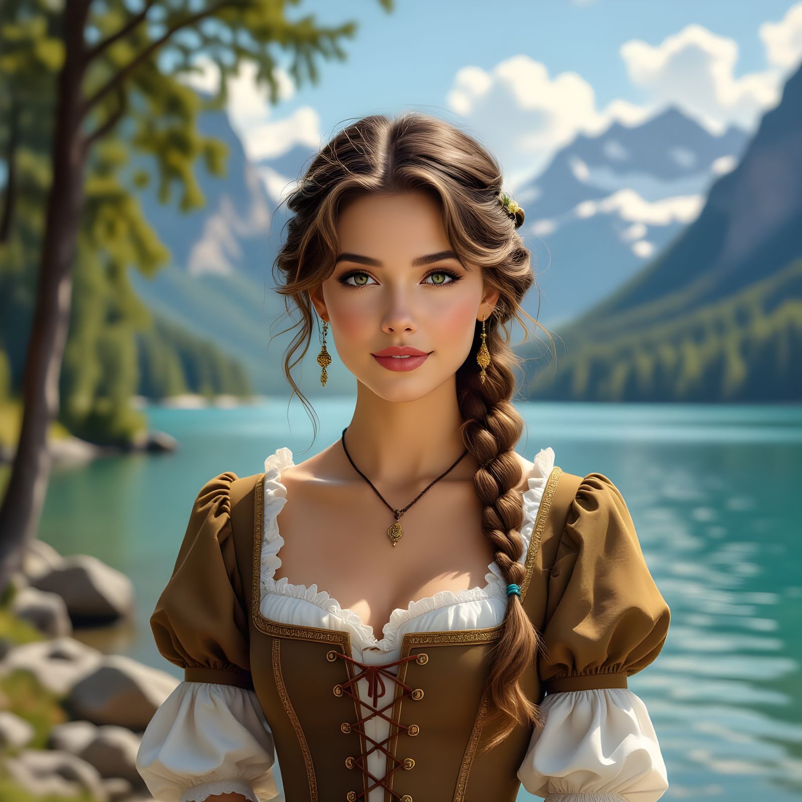 Renaissance Woman by Lake in Hyperrealistic Style