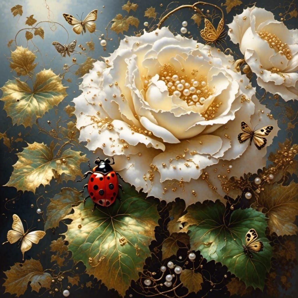 Ladybug and Butterfly Amidst Gilded Carnation