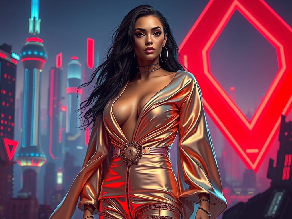 Luxury Fashion Ambassador in Futuristic Dystopian Cityscape