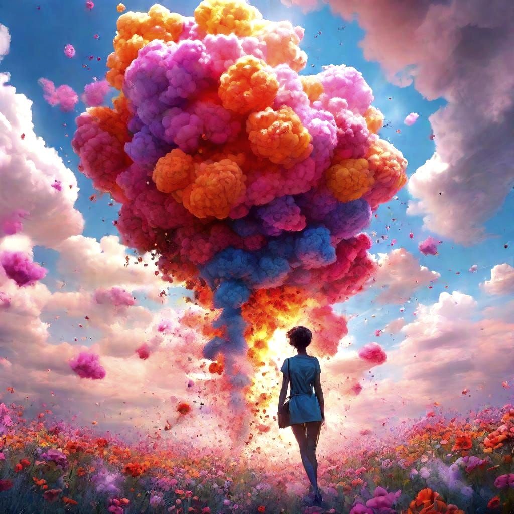 Explosion of Colorful Flowers with Iridescent Clouds
