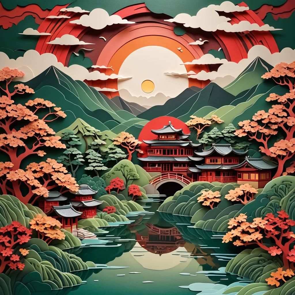 Serene Japanese Landscape in Kirigami Paper Art