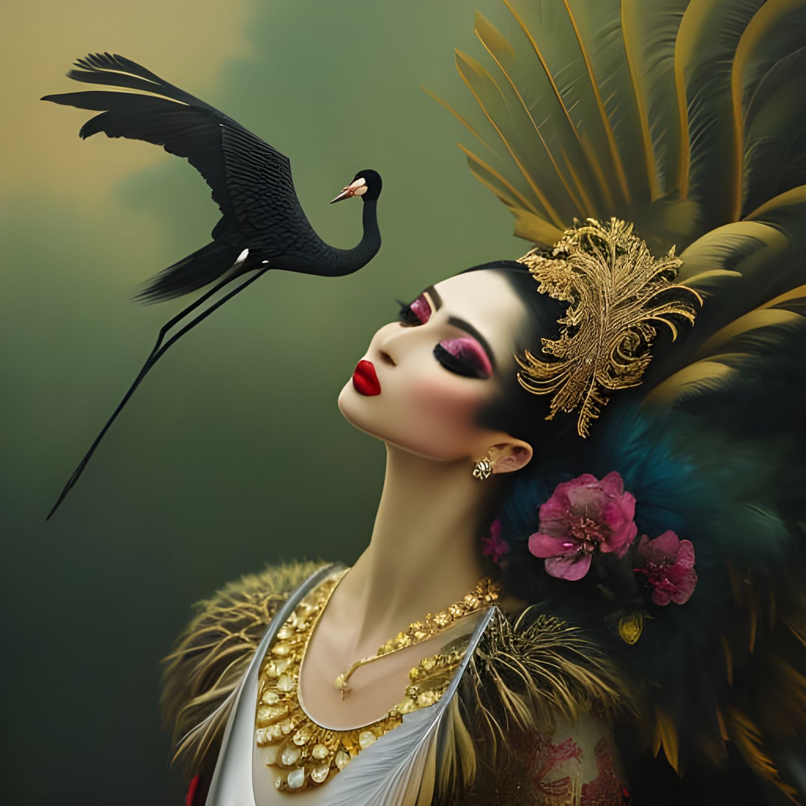 Elaborate Crane Goddess in Fantasy Art Style