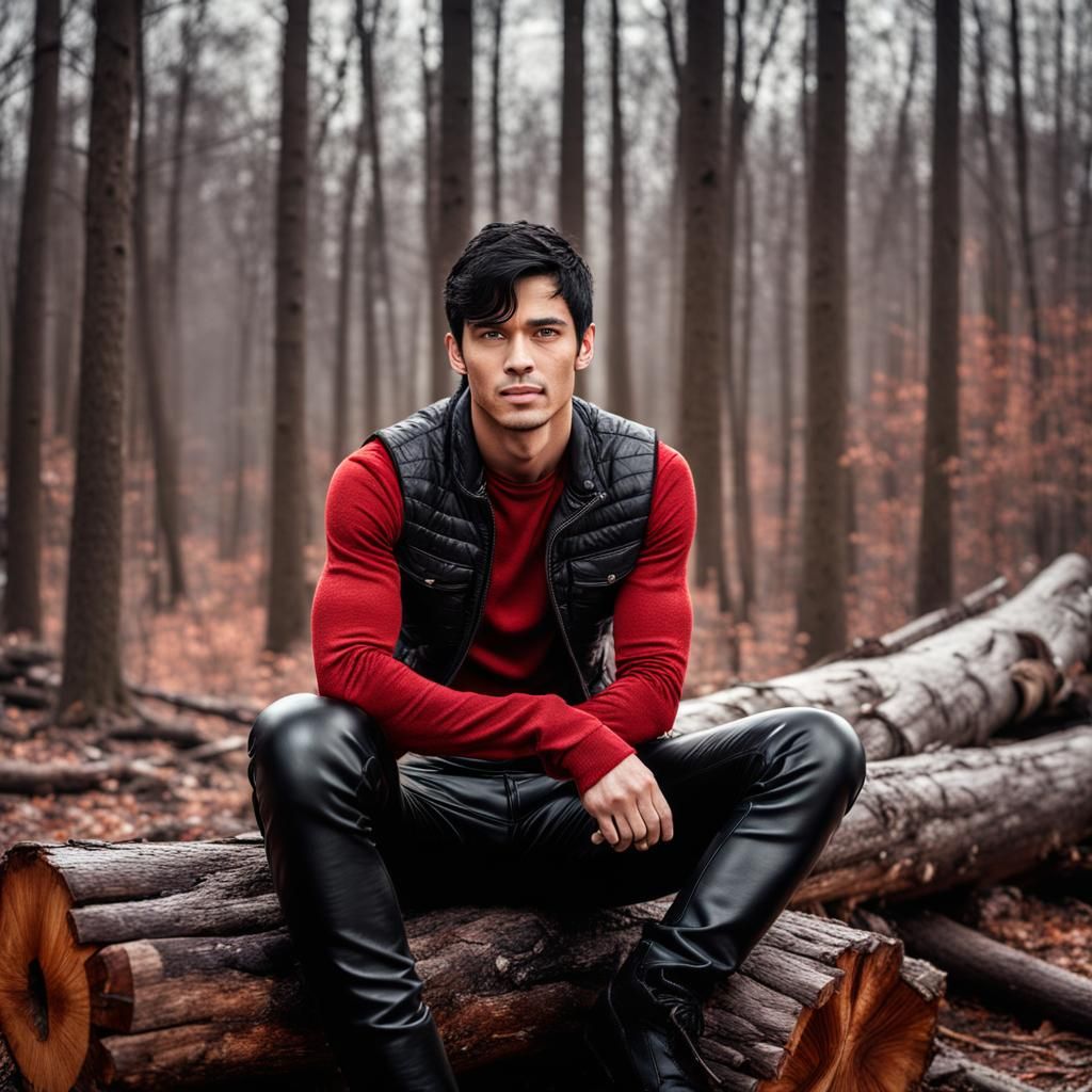 Boy in Red Shirt Sits on Log in Woods